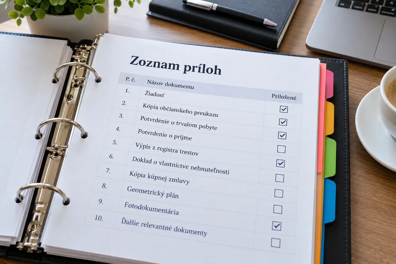 Zakladač s kontrolným zoznamom príloh a farebnými záložkami